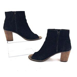 TOMS Perforated Suede Peep Toe Booties Block Heel Black Side Zip Modern US sz 10
